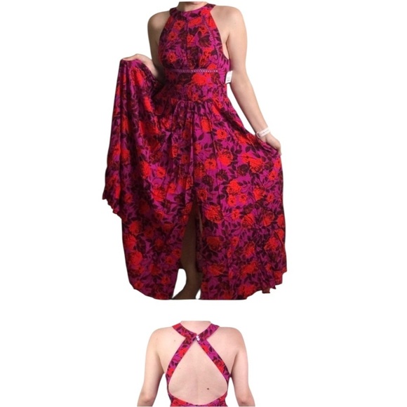Abel The Label Halter Top Maxi Dress Women S Floral Backless Cut Out Smocked Red - Picture 1 of 10